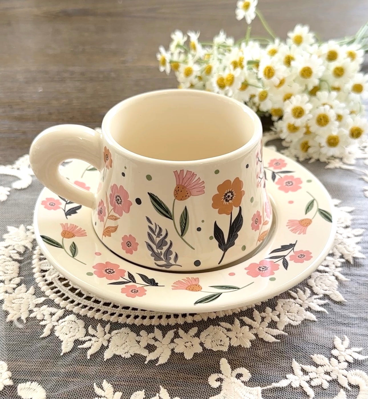 Morning Blossom 280-mL Ceramic Coffee Cup and Saucer Set