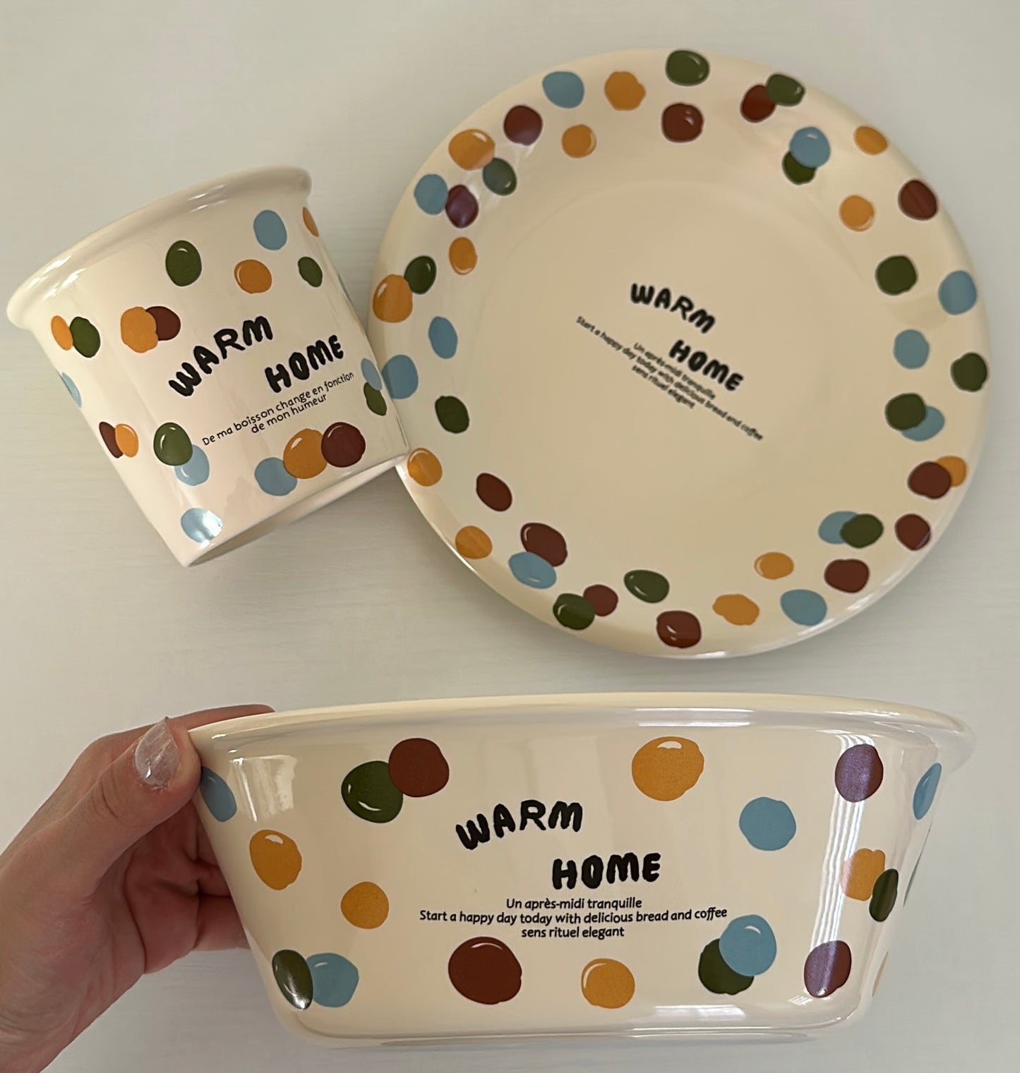 Warm Home Ceramic 3-Piece Bowl, Cup & Plate Set