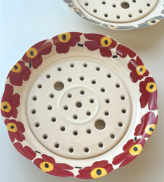 Floral 10-Inch Ceramic Draining Plate with Removable Strainer Insert