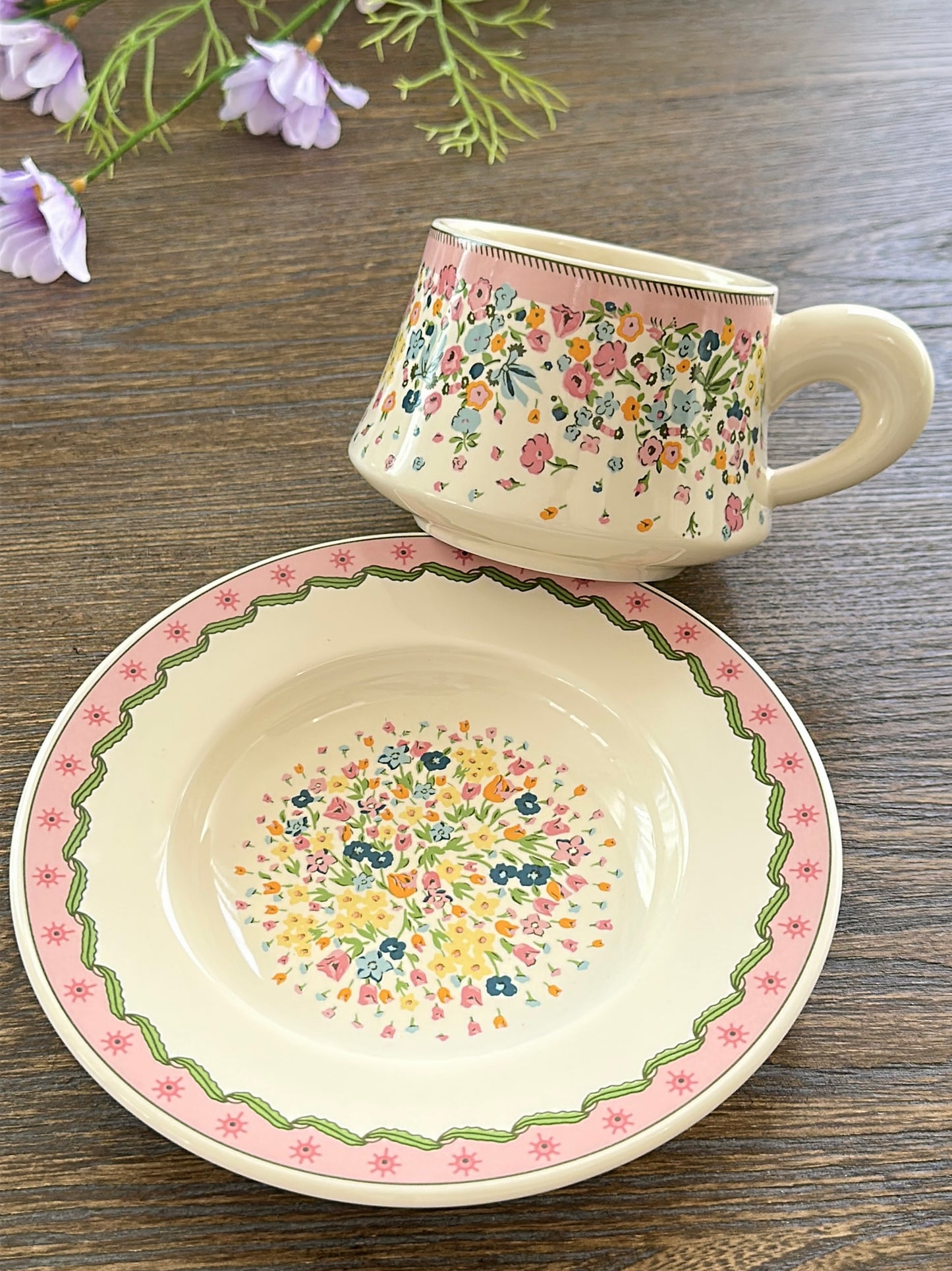 Sea of Flowers Ceramic Coffee Cup and Saucer Set