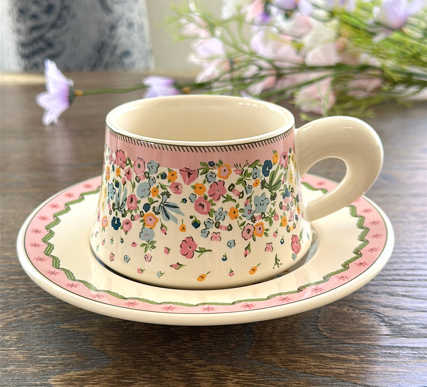 Sea of Flowers Ceramic Coffee Cup and Saucer Set