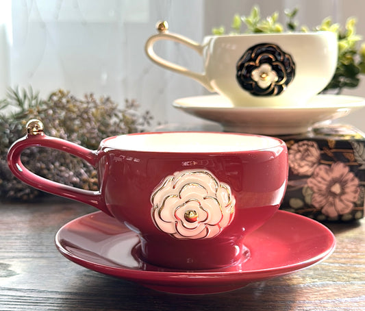 Vintage Elegant Camellia Ceramic Coffee Cup and Saucer Set (3 colors)