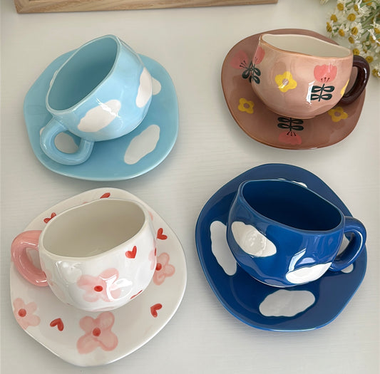 Hand-Crafted Ceramic Coffee Mug and Saucer Set