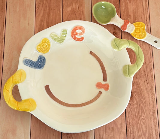 Spring Breakfast 8-Inch Ceramic Plate with Double Handles (Plate / Spoon / Plate & Spoon Set)