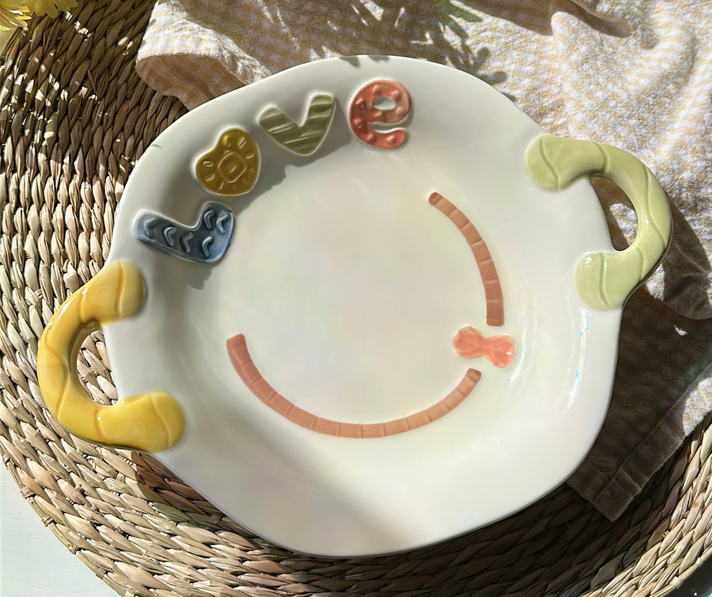 Spring Breakfast 8-Inch Ceramic Plate with Double Handles (Plate / Spoon / Plate & Spoon Set)