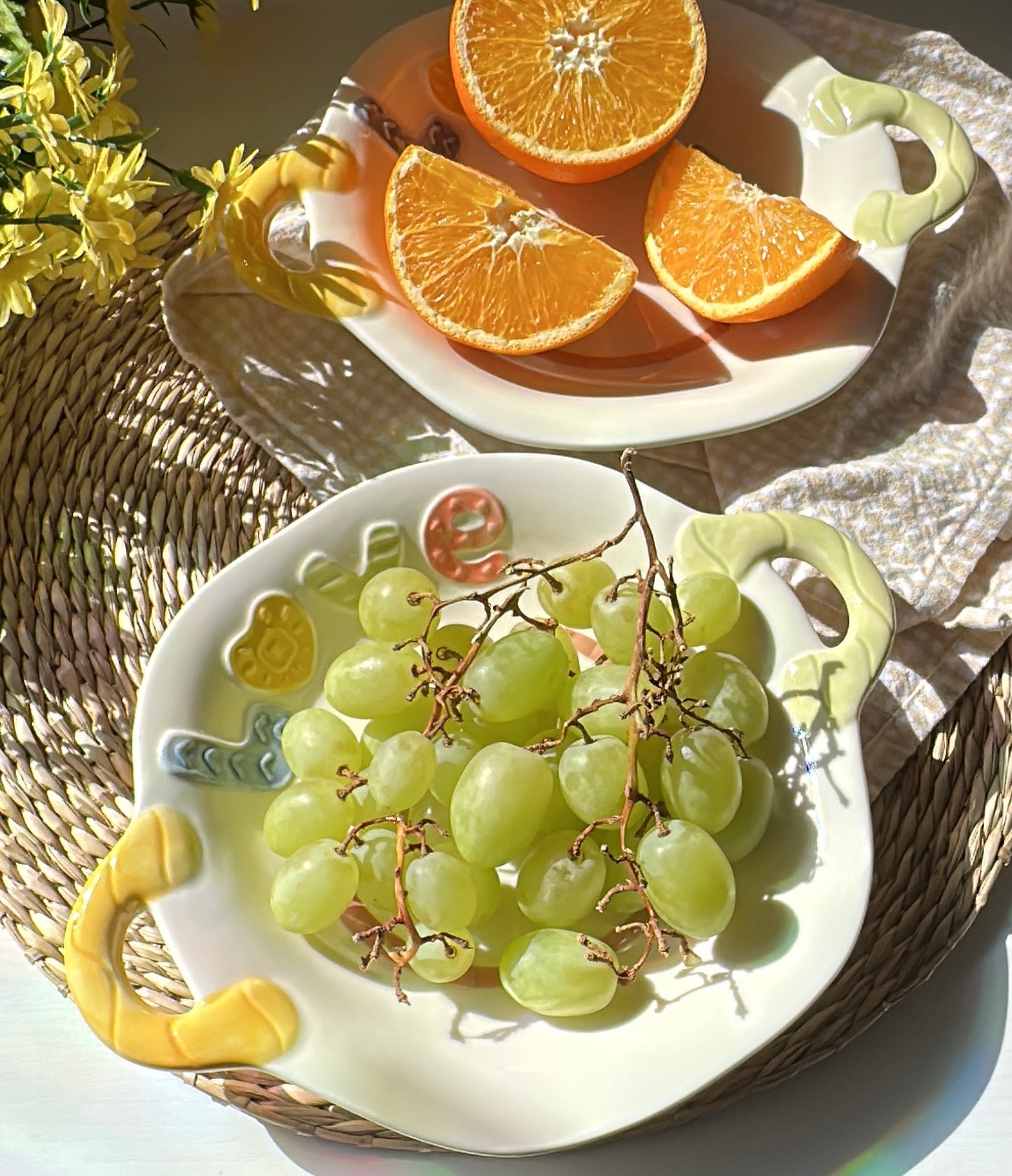 Spring Breakfast 8-Inch Ceramic Plate with Double Handles (Plate / Spoon / Plate & Spoon Set)