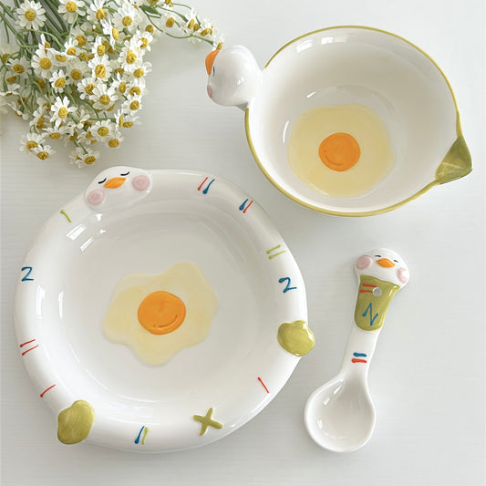 Cute Sleepy Duck 3-Piece Bowl, Plate & Spoon Set