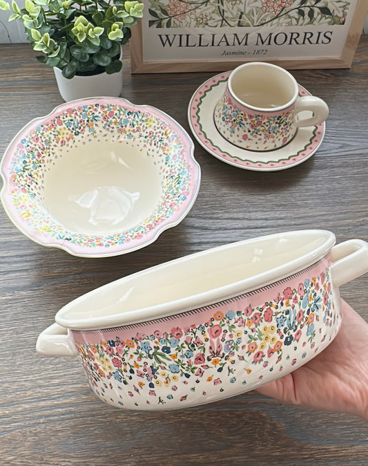Sea of Flowers Ceramic 3-Piece Bowl & Cup Set