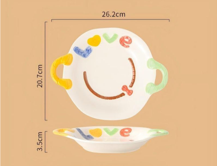 Spring Breakfast 8-Inch Ceramic Plate with Double Handles (Plate / Spoon / Plate & Spoon Set)