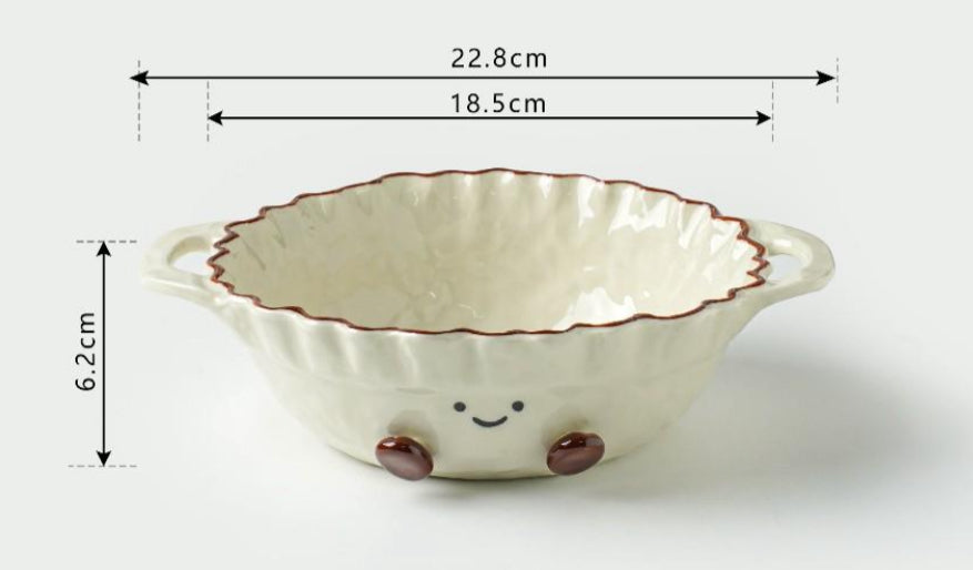 Happy Cocoa Bean 9-Inch Scalloped Ceramic Bowl with Double Handles